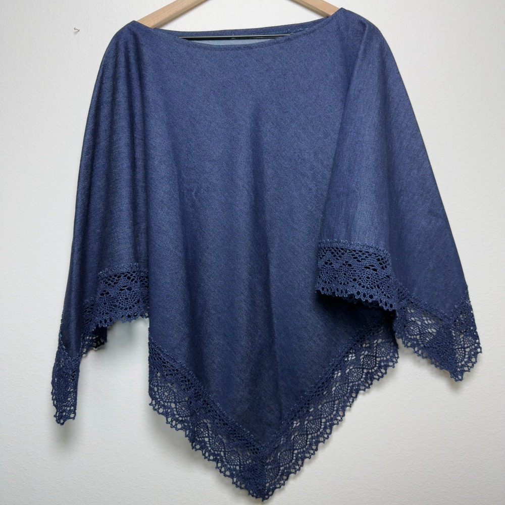 Women Denim Pocho Top One Size Lace Trim Boat Neck Western Boho Cowgirl Lagenloo